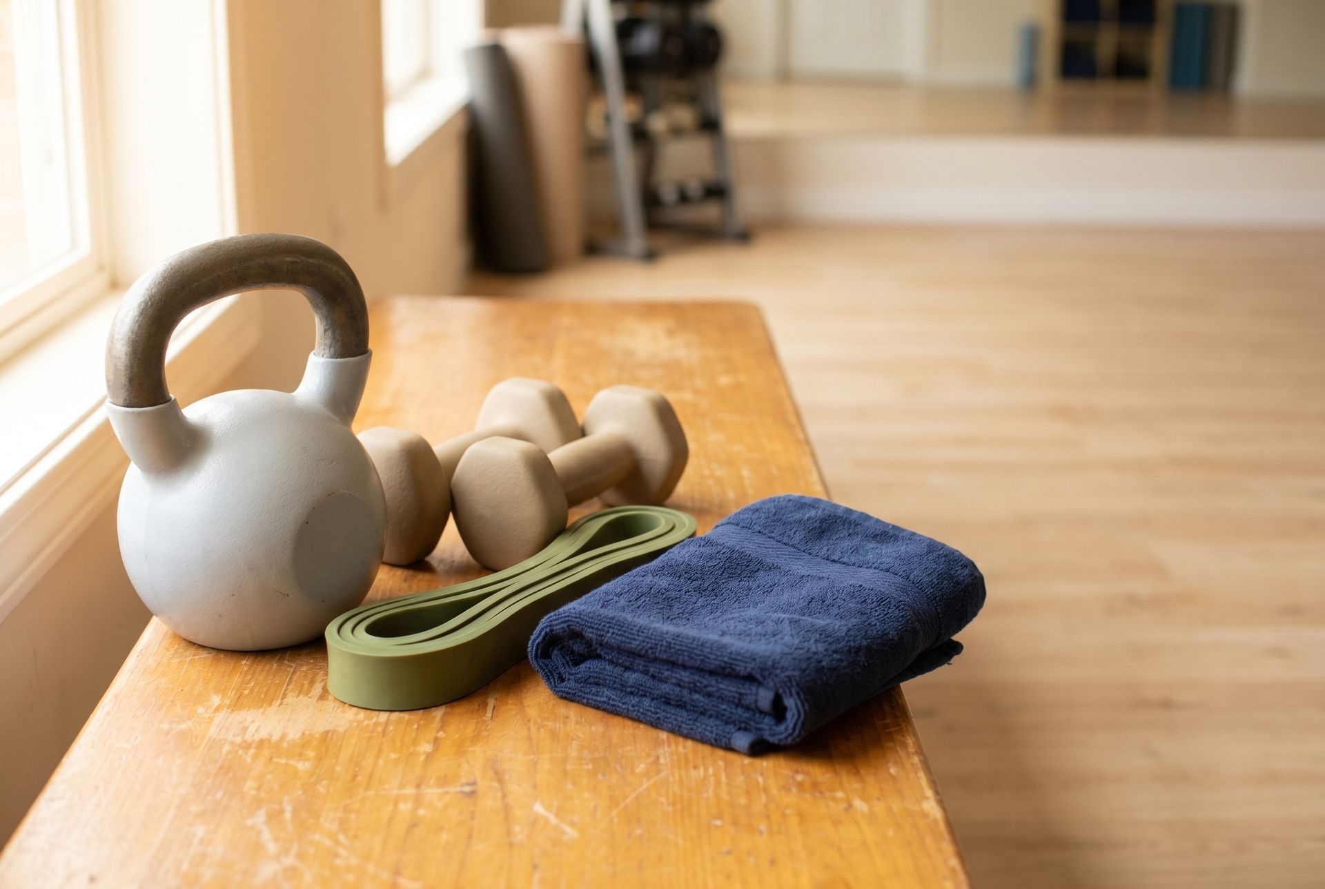 A simple set of joint-friendly strength tools, a kettlebell, light dumbbells, and a resistance band, ready to use.