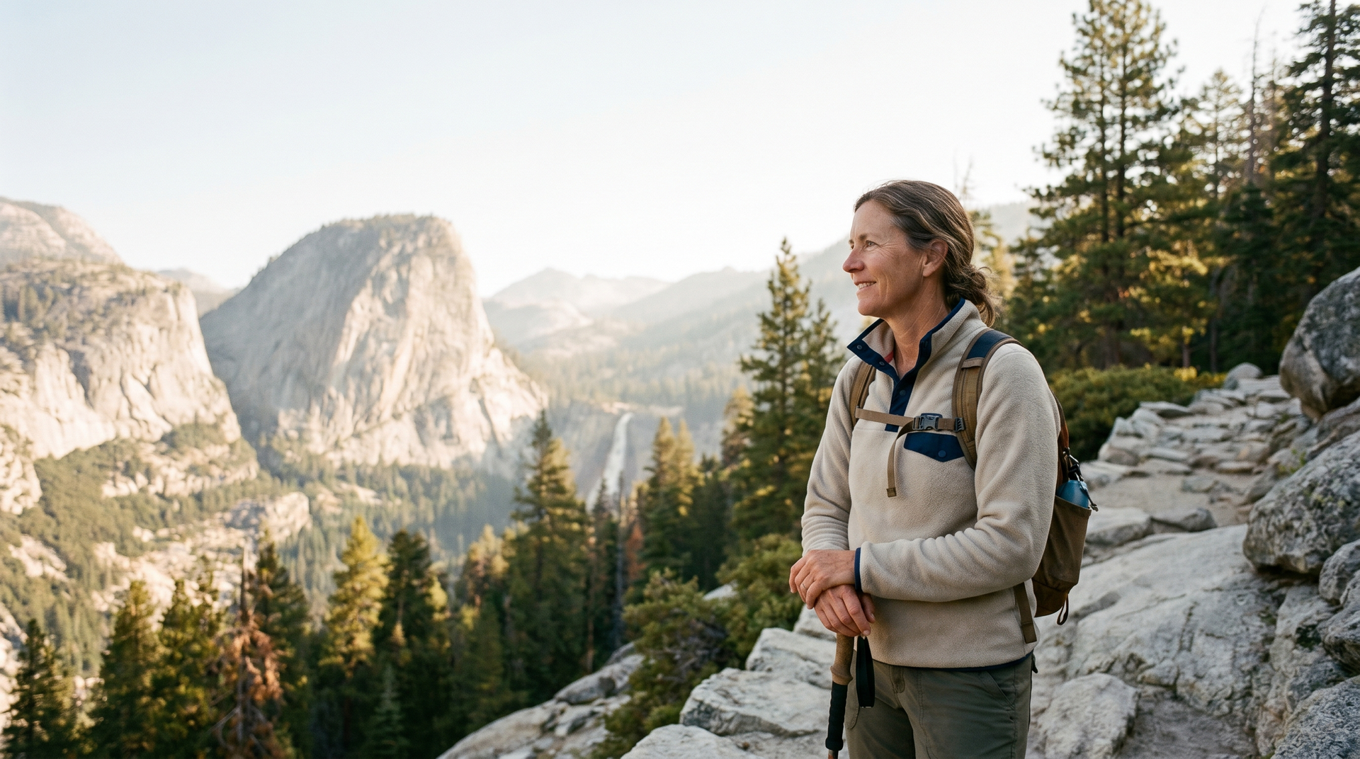 Adult hiker with a daypack on a scenic granite trail, looking ahead with quiet confidence.