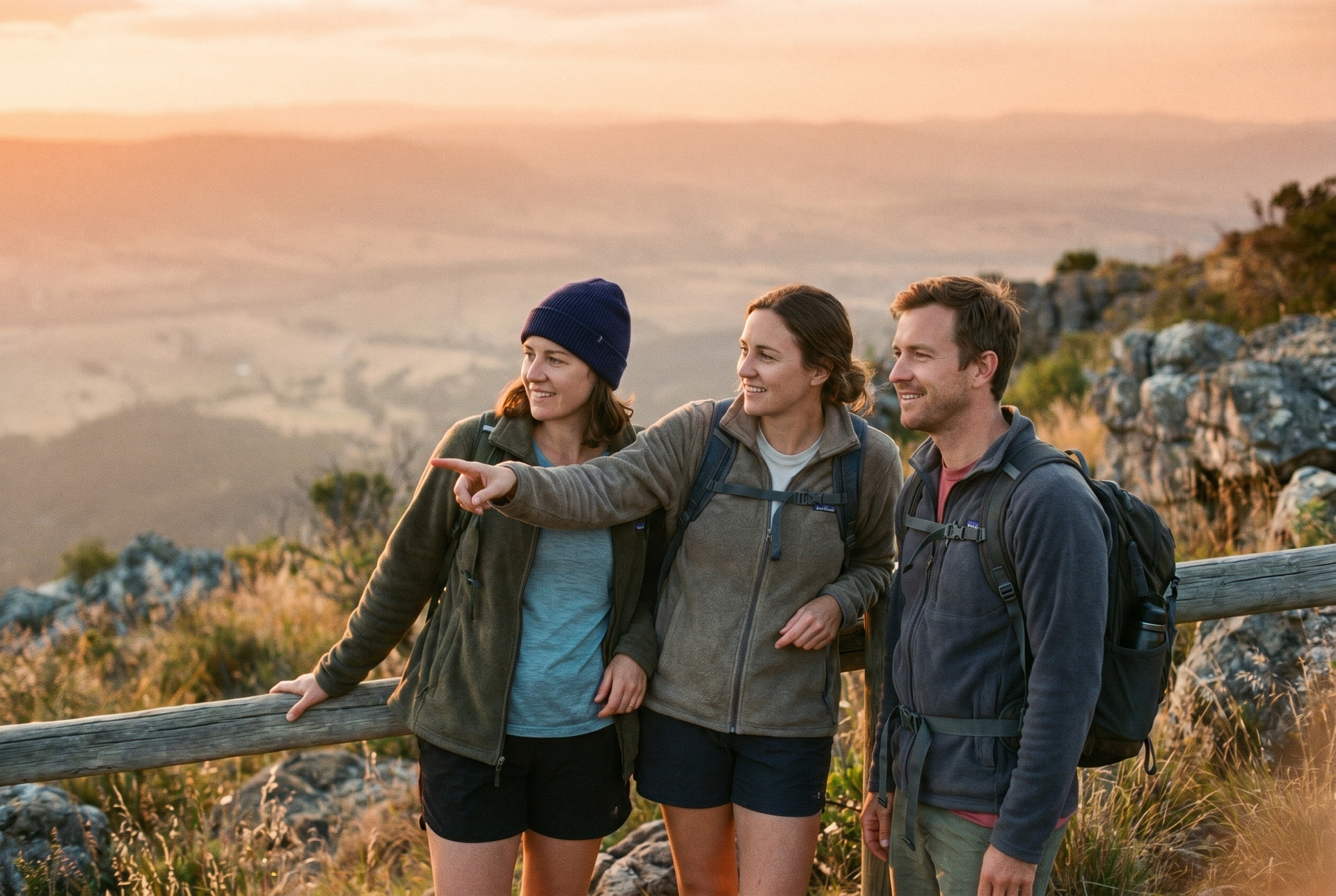 Hikers pausing at a scenic overlook, present and enjoying the moment together.
