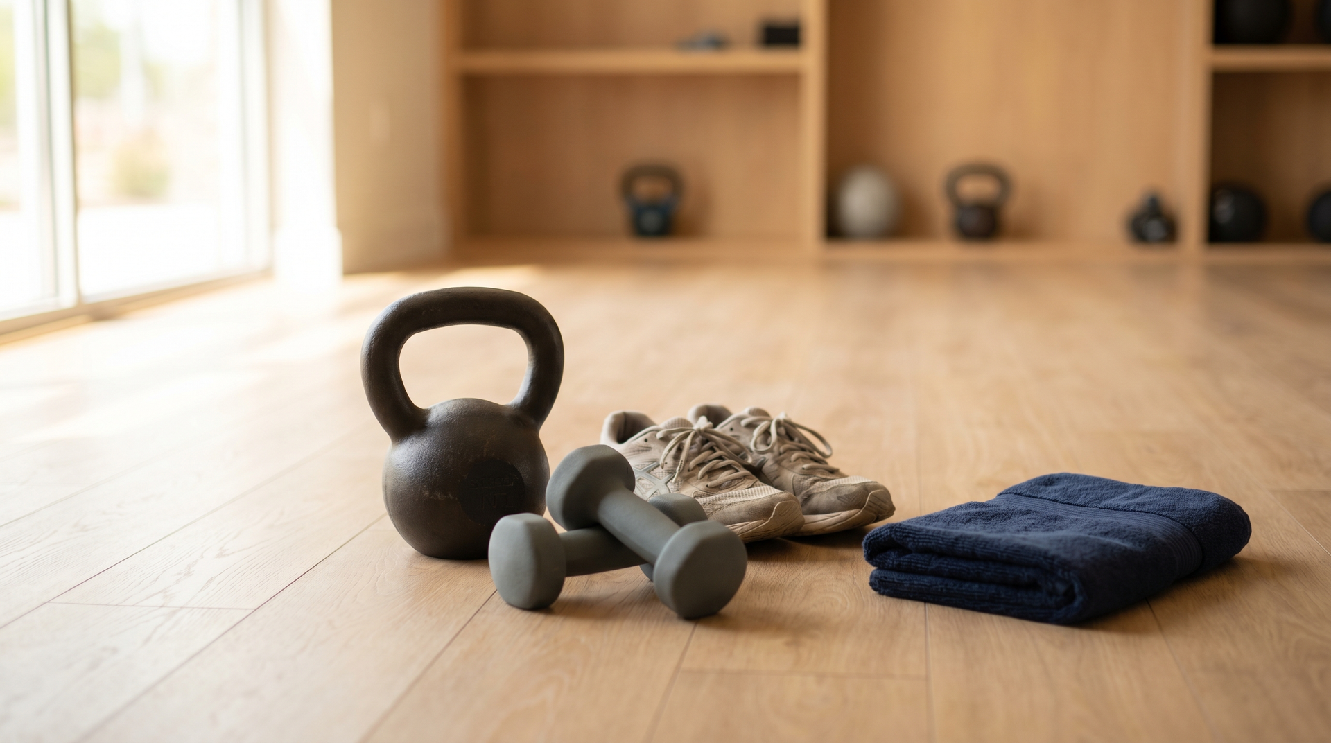 Strength tools in the foreground with running shoes behind, the use-both-anchored-in-strength idea.