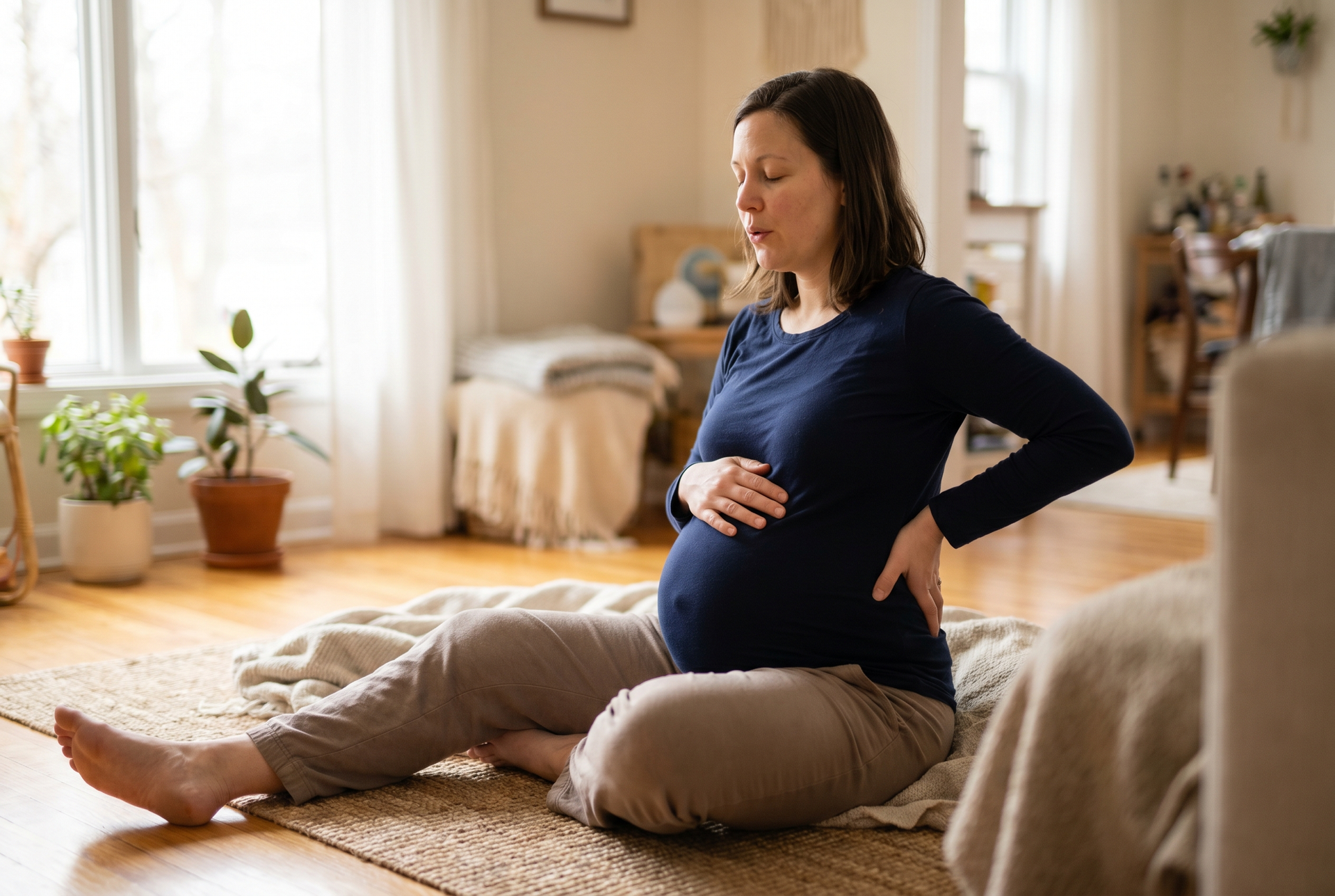 Pregnant woman doing a calm breathing reset, exhaling with the ribs settling over the pelvis.