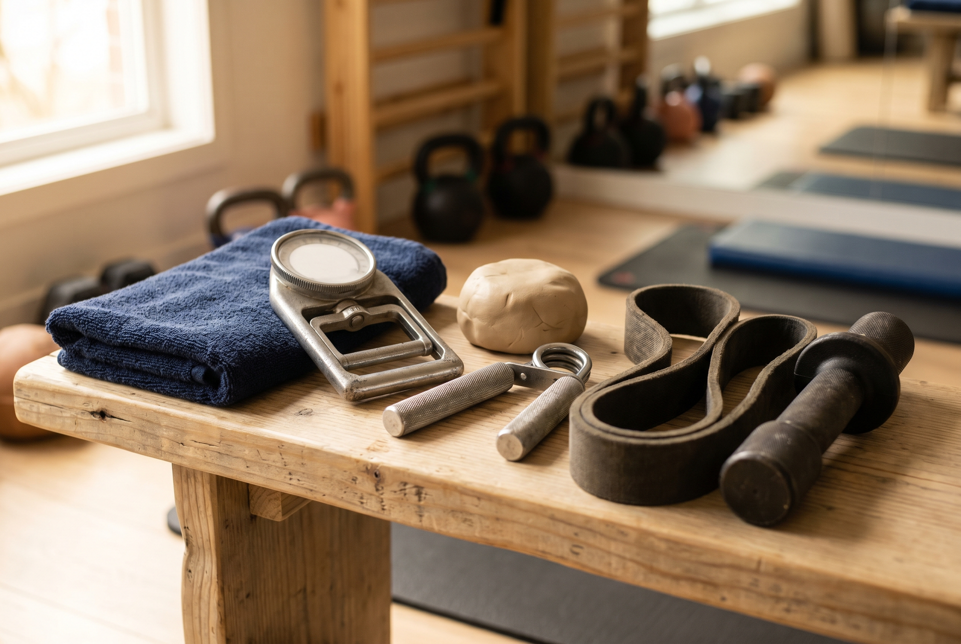 A set of grip-training tools on a bench: a dynamometer, hand grippers, therapy putty, bands, and a thick-grip handle.