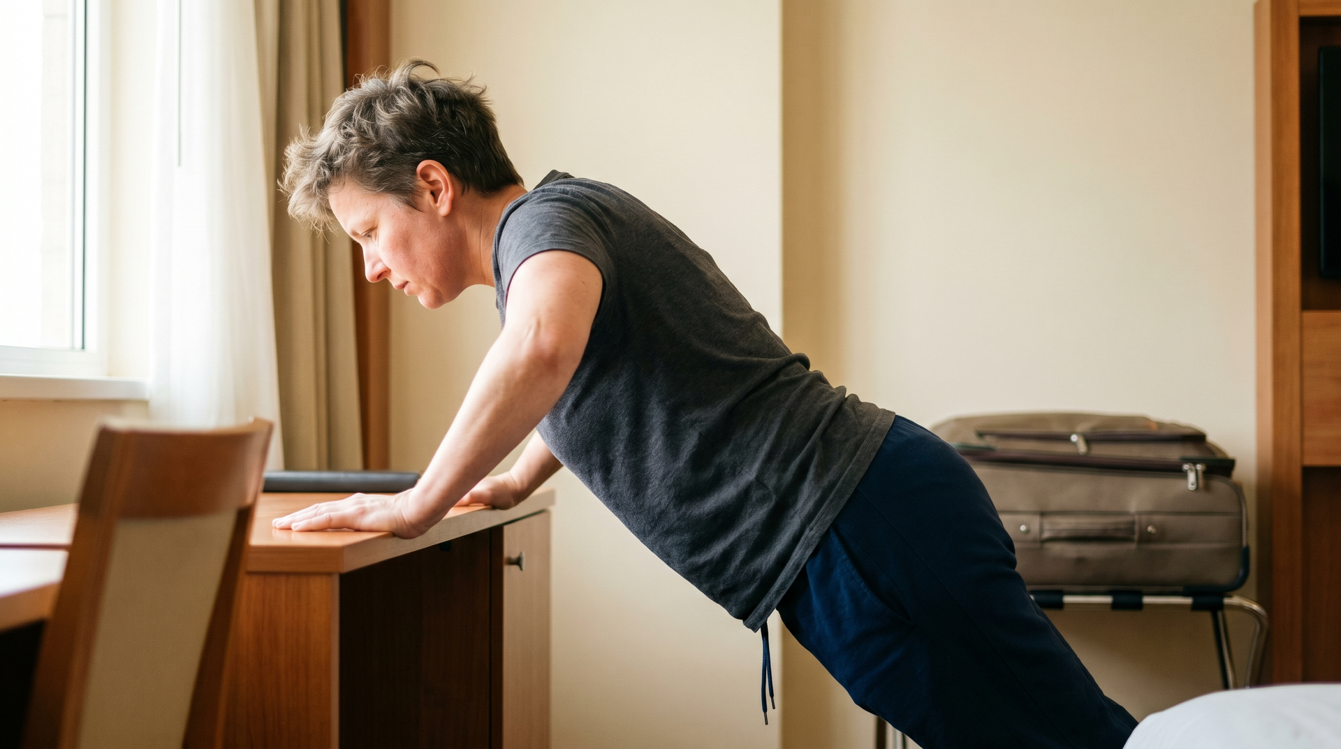 Adult doing a bodyweight strength move in a hotel room, staying strong while traveling.