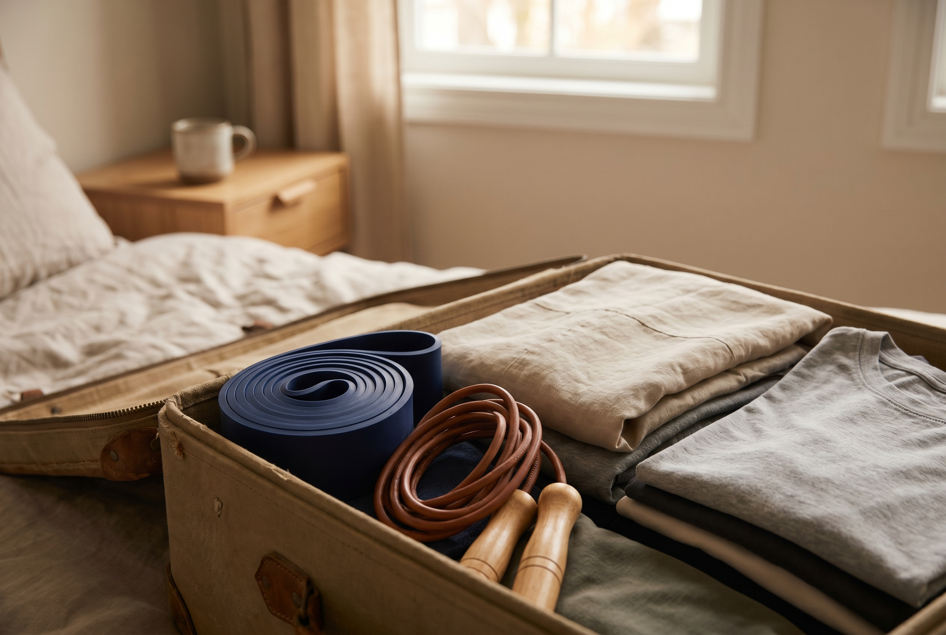 A small packable fitness kit, a resistance band and jump rope, tucked into a corner of a suitcase.