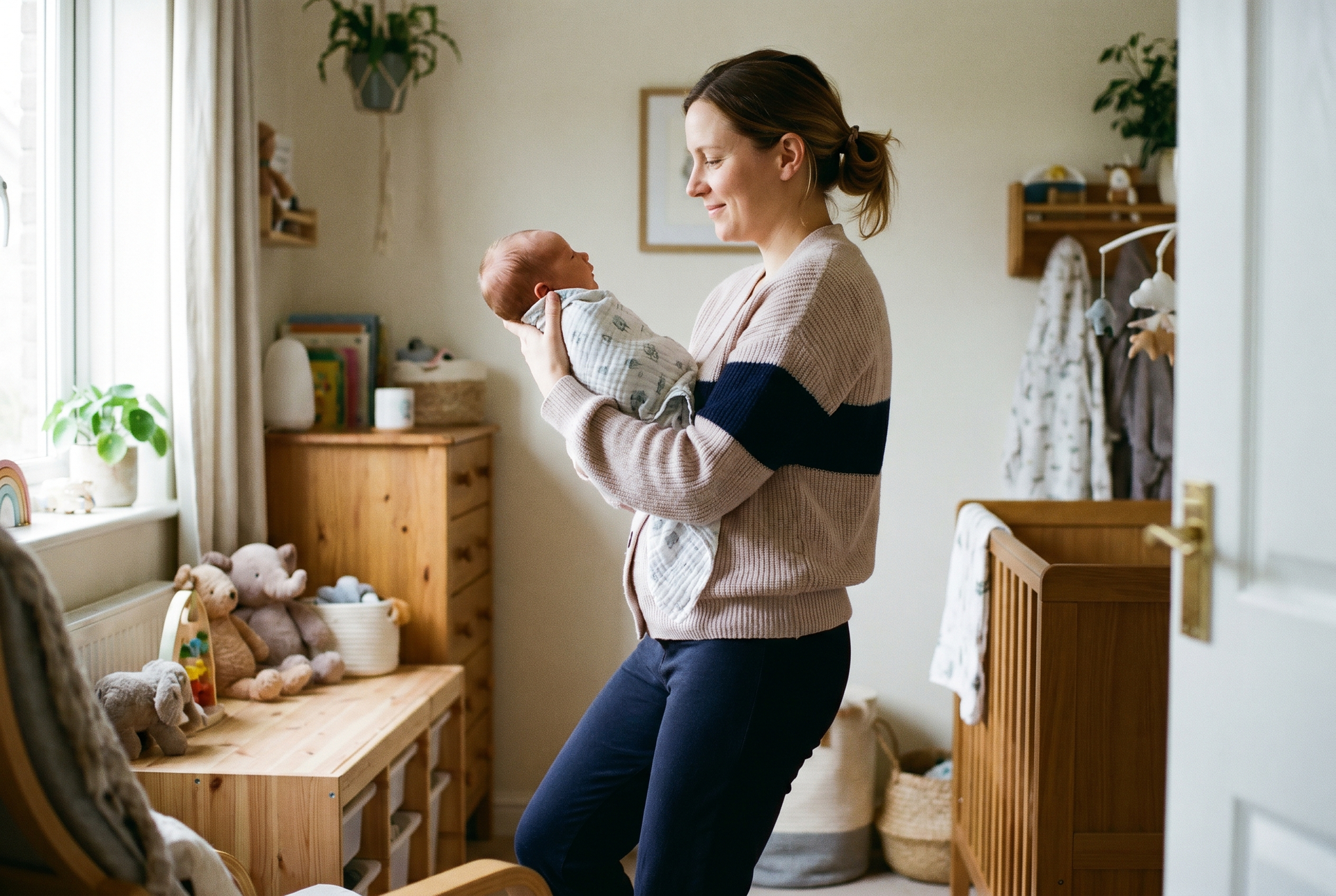 Postpartum woman lifting her baby close with a tall, upright posture and a long spine.
