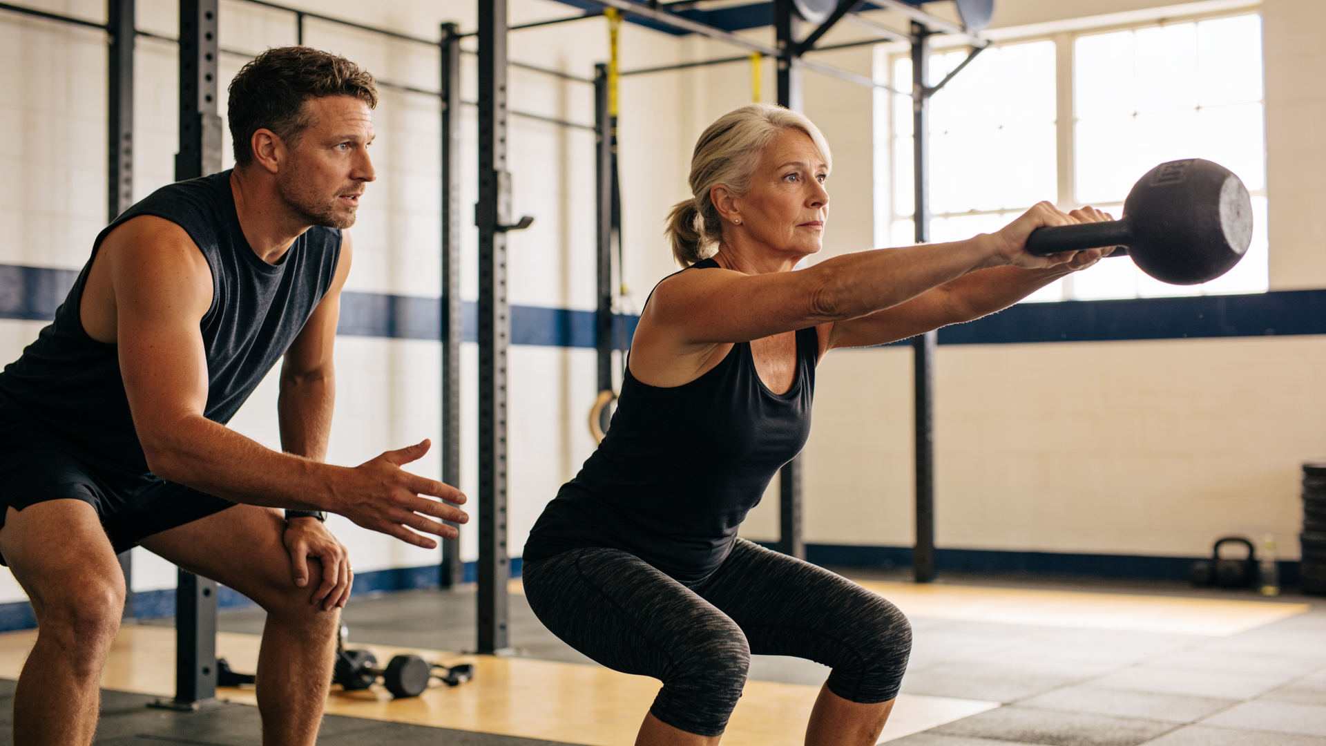 A personal trainer attentively watching a client perform a goblet squat during a baseline movement c