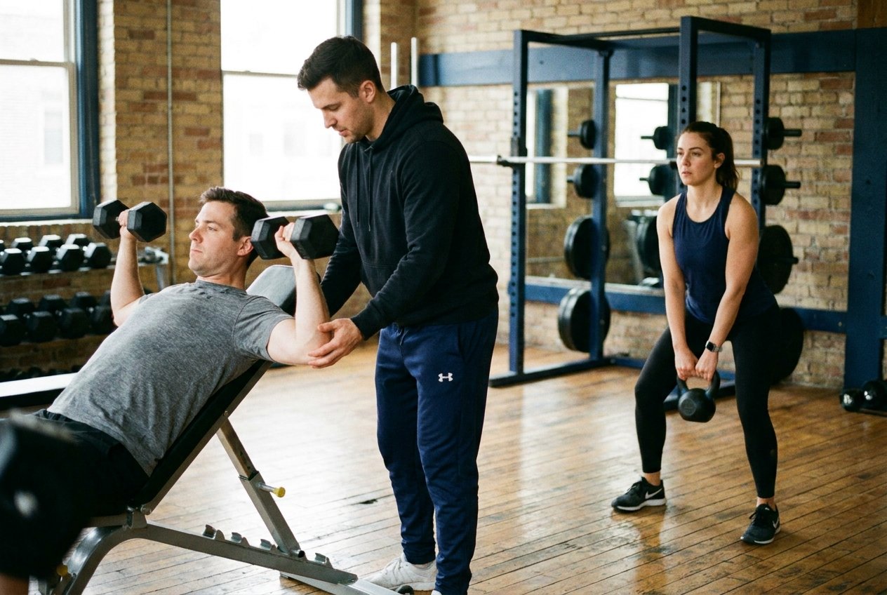 A coach guiding two clients in a semi-private strength session, adjusting one person's dumbbell setup.