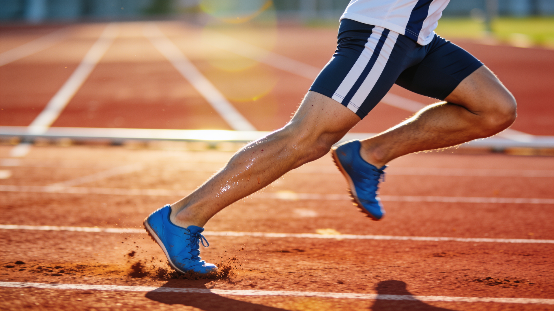 A track runner mid-stride, the foot and ankle driving push-off on an outdoor running track.