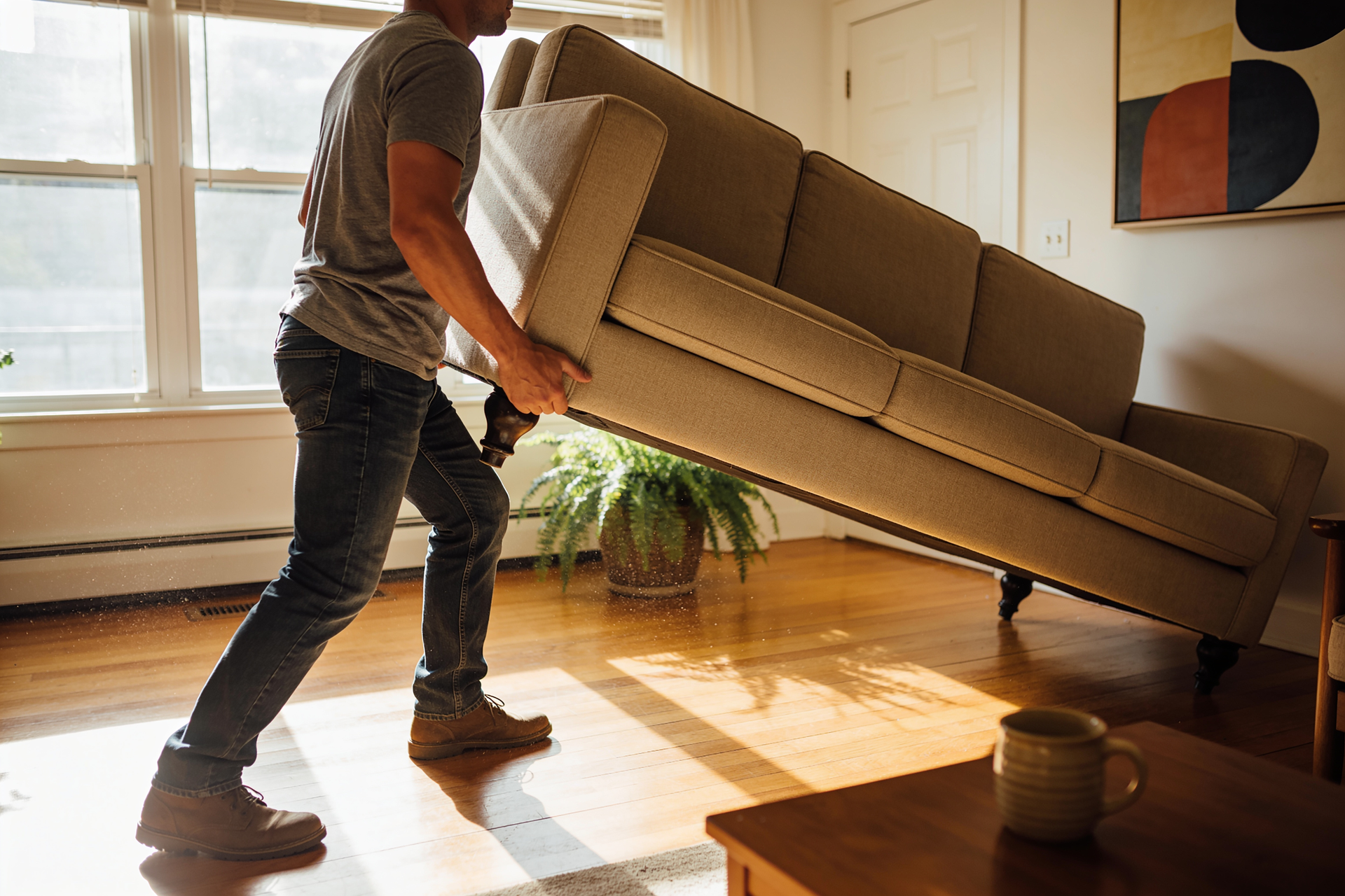 A strong adult lifting and moving a couch with good mechanics, strength showing up in daily life.