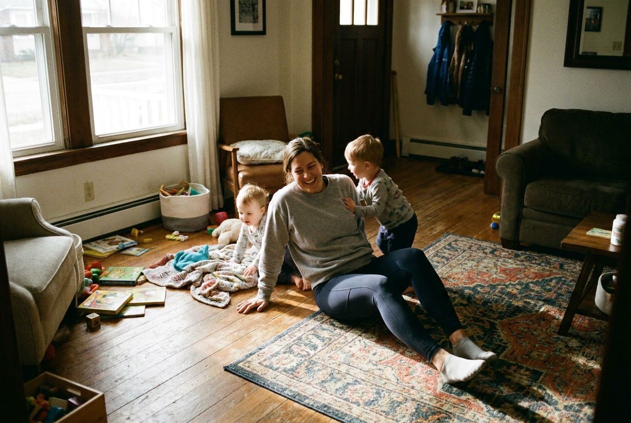A mom rising easily from the floor while playing with her two kids at home.