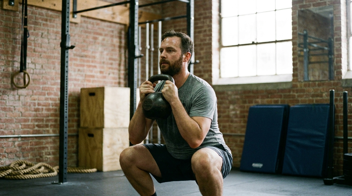 An adult controlling a deep goblet squat at full depth, owning the bottom position under load.