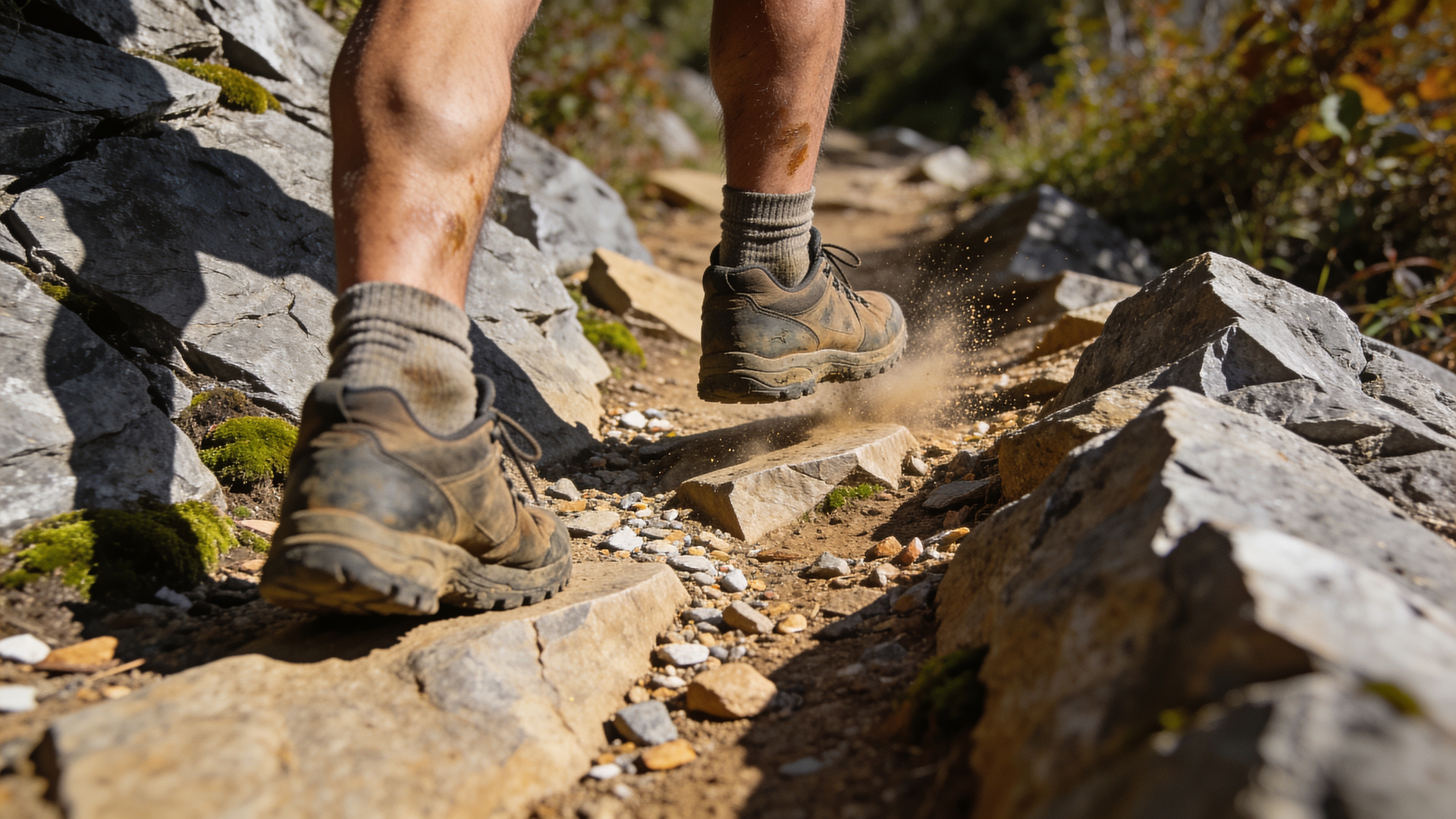 A runner or hiker's foot and ankle working over rocky, uneven trail ground.