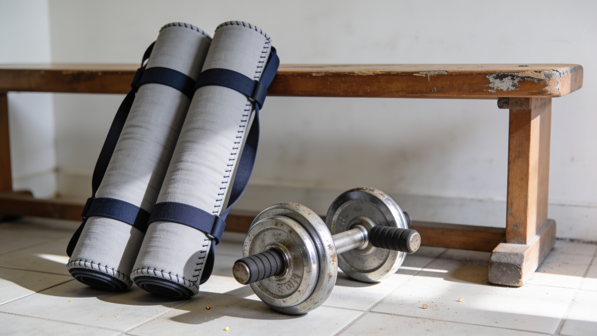 A minimal home-gym corner with dumbbells, resistance bands, and a sturdy bench.