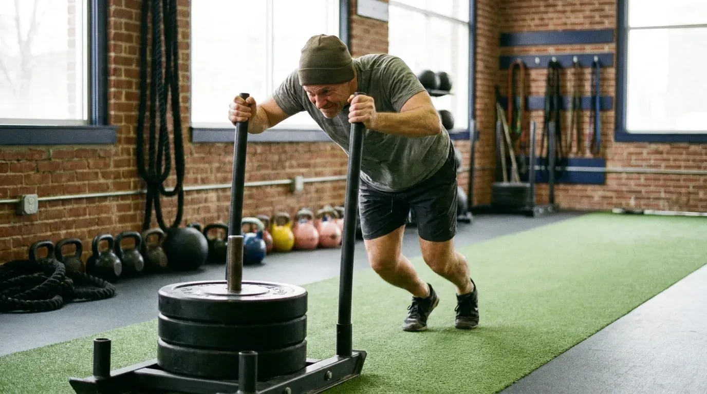 An adult in their 50s pushing a weighted sled across the gym floor, low impact and high effort.