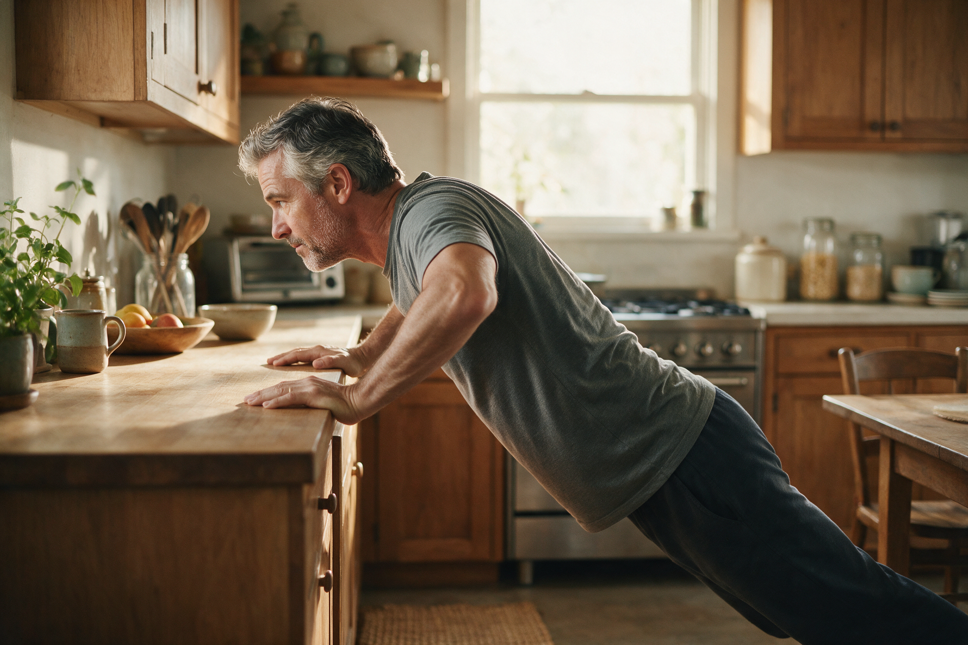 Man in his 50s doing an incline push-up against a kitchen counter at home, body in a straight line.