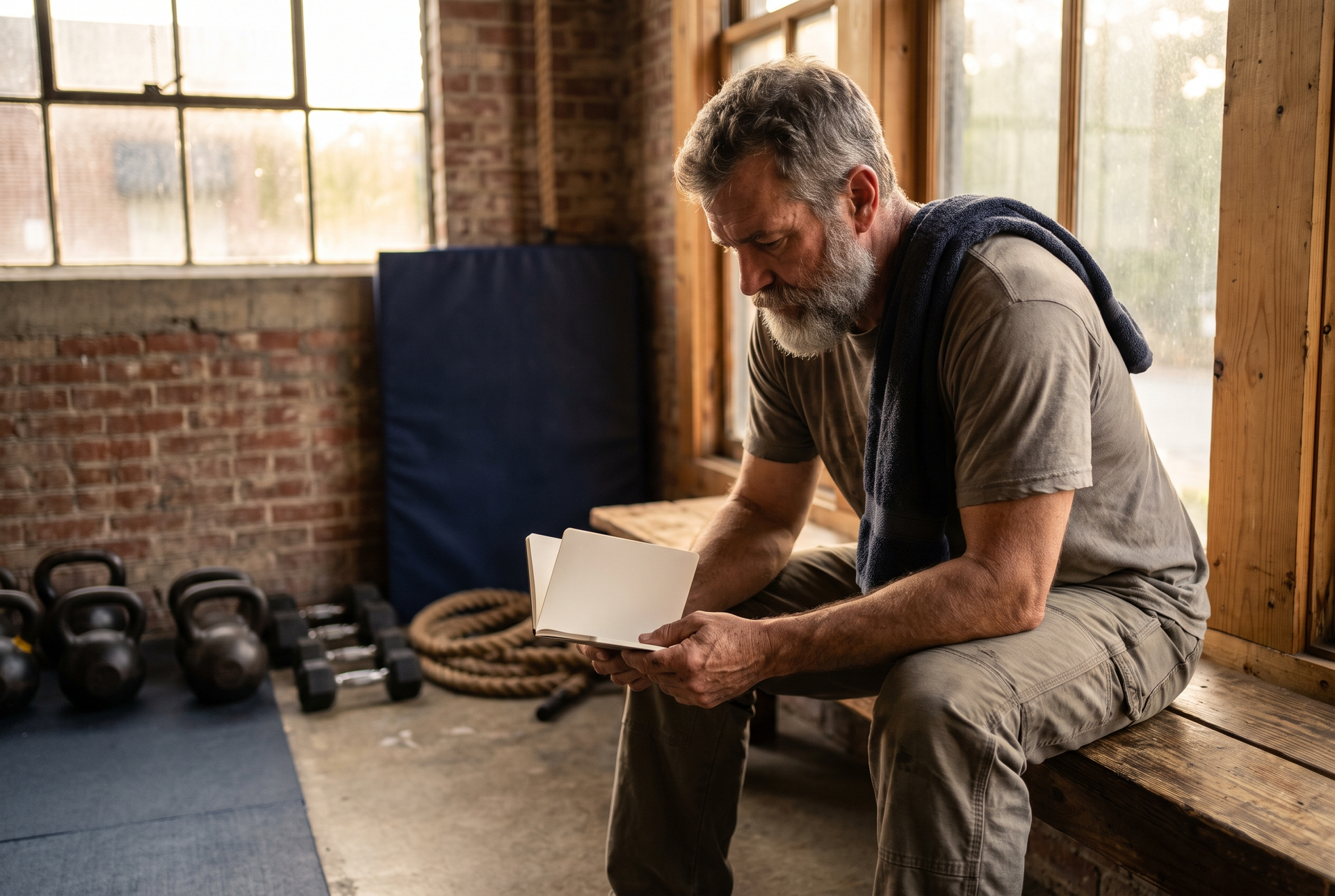 Mature lifter seated on a gym bench between sets, reviewing a paper training log