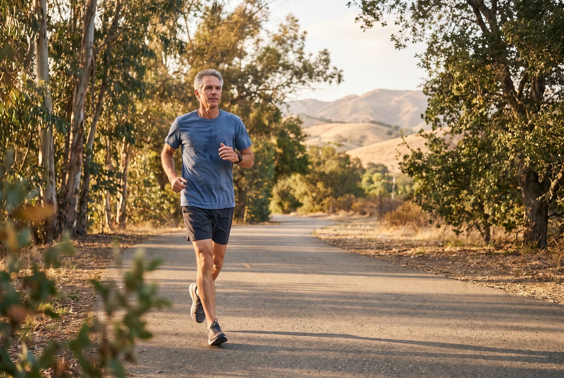 Mature man running along a paved East Bay trail at golden hour, relaxed stride