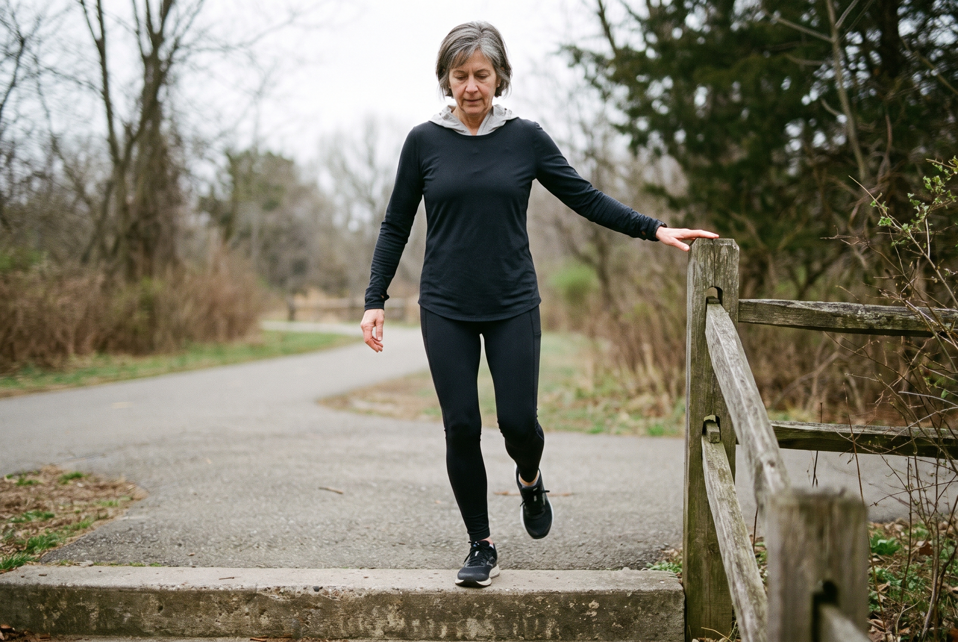 Woman in her 50s doing a single leg calf raise on a curb after a run, fingertips resting on a rail for balance.
