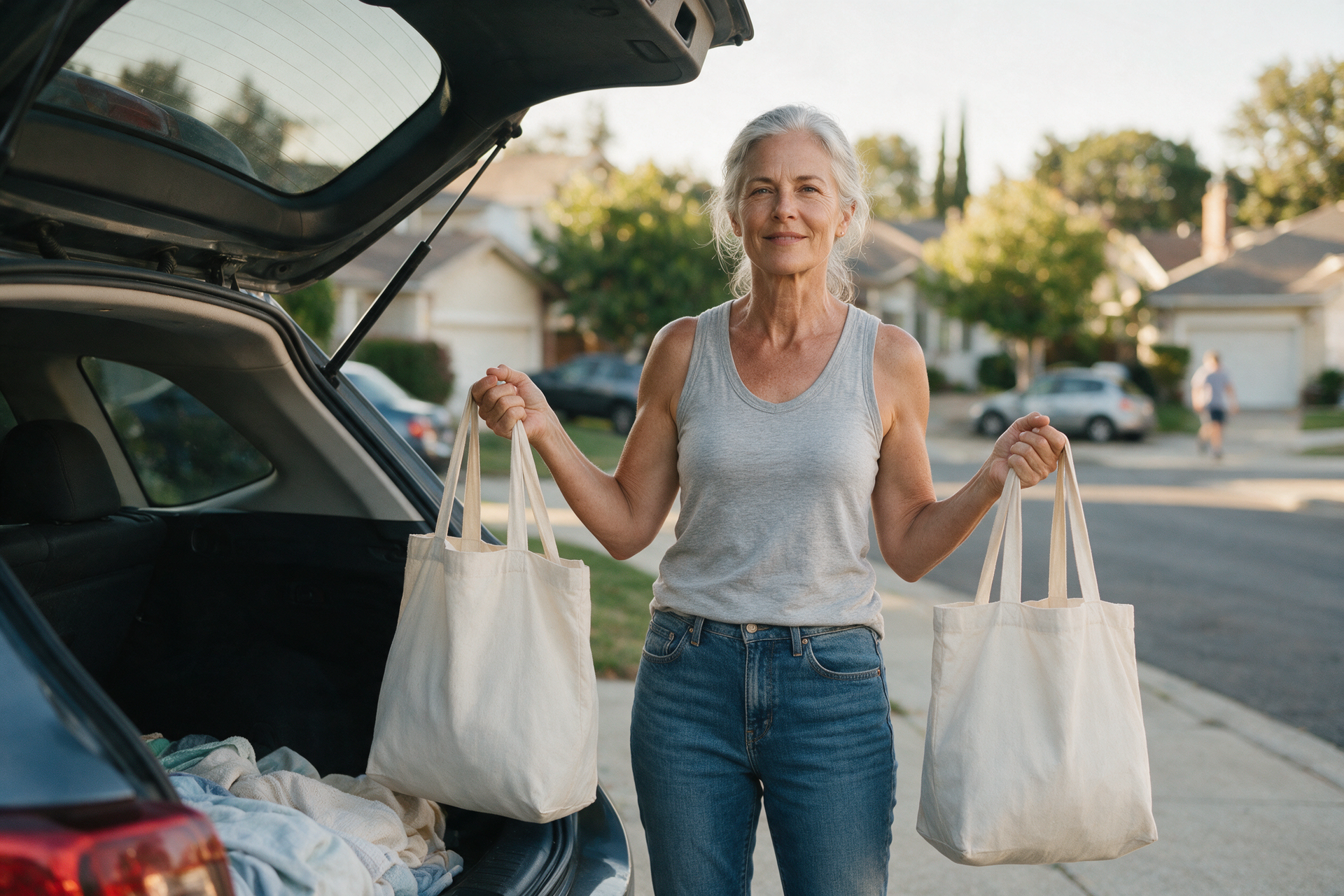 Woman in her 60s standing tall by her car holding two grocery bags, late afternoon