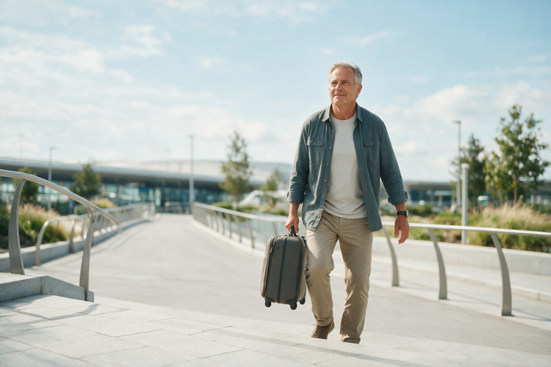 Man in his 60s carrying a suitcase up a ramp while traveling, moving with steady, confident posture.