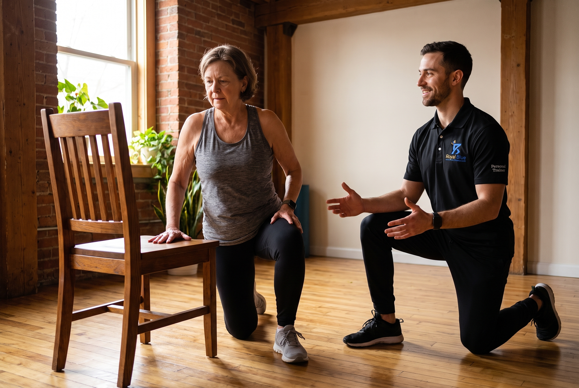 Woman in her 70s practicing getting up from the floor using a sturdy chair while her coach demonstrates beside her.