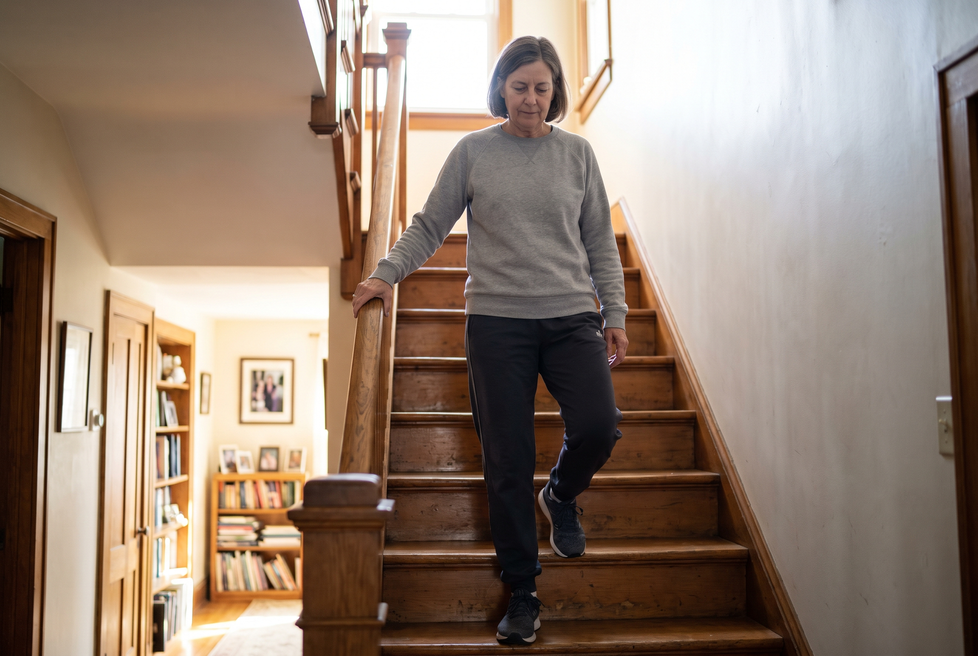 Woman in her 60s descending home stairs with control, one hand lightly on the rail