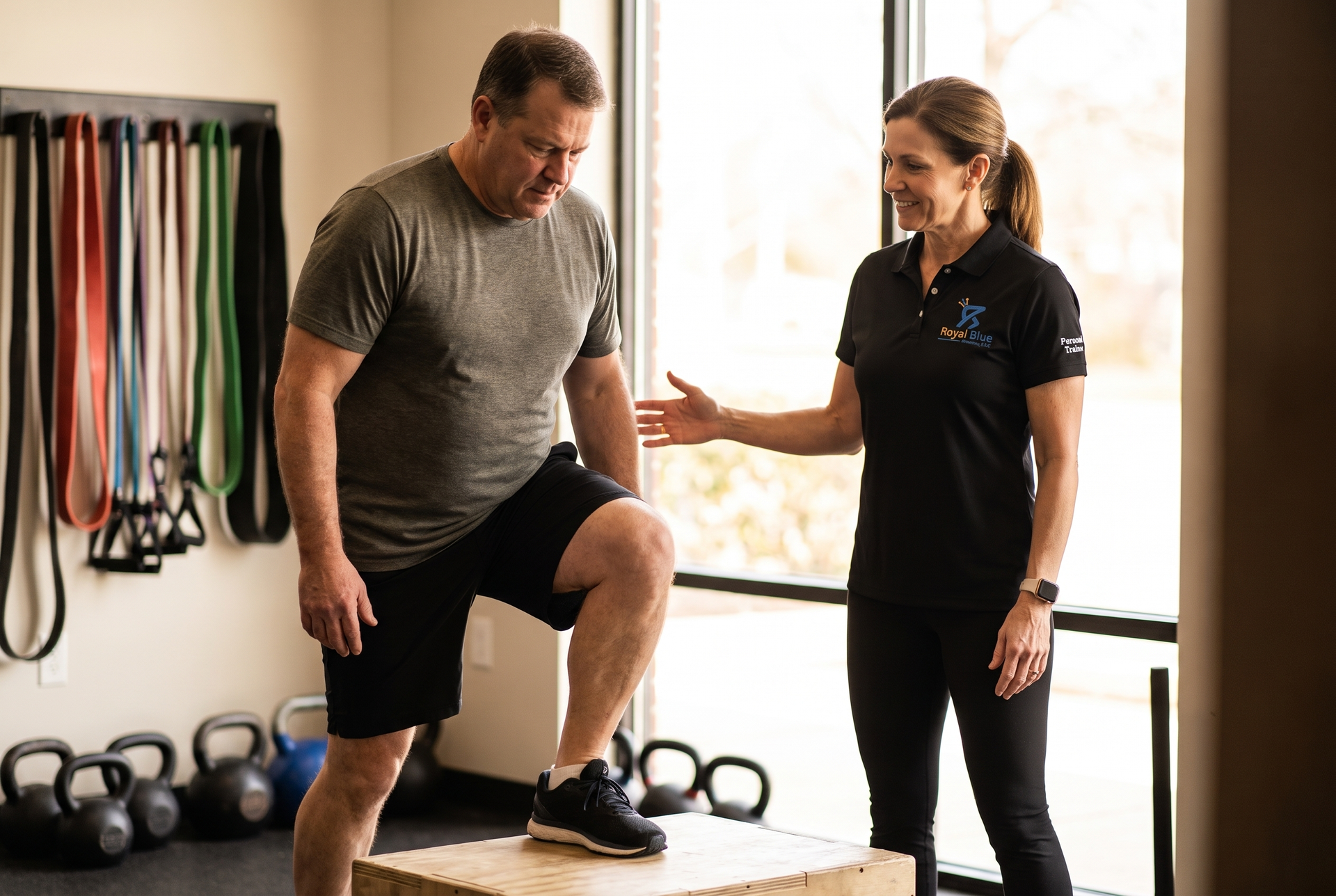 Man in his 50s performing a supported step down from a low box while a standing coach spots him in a fitness studio.