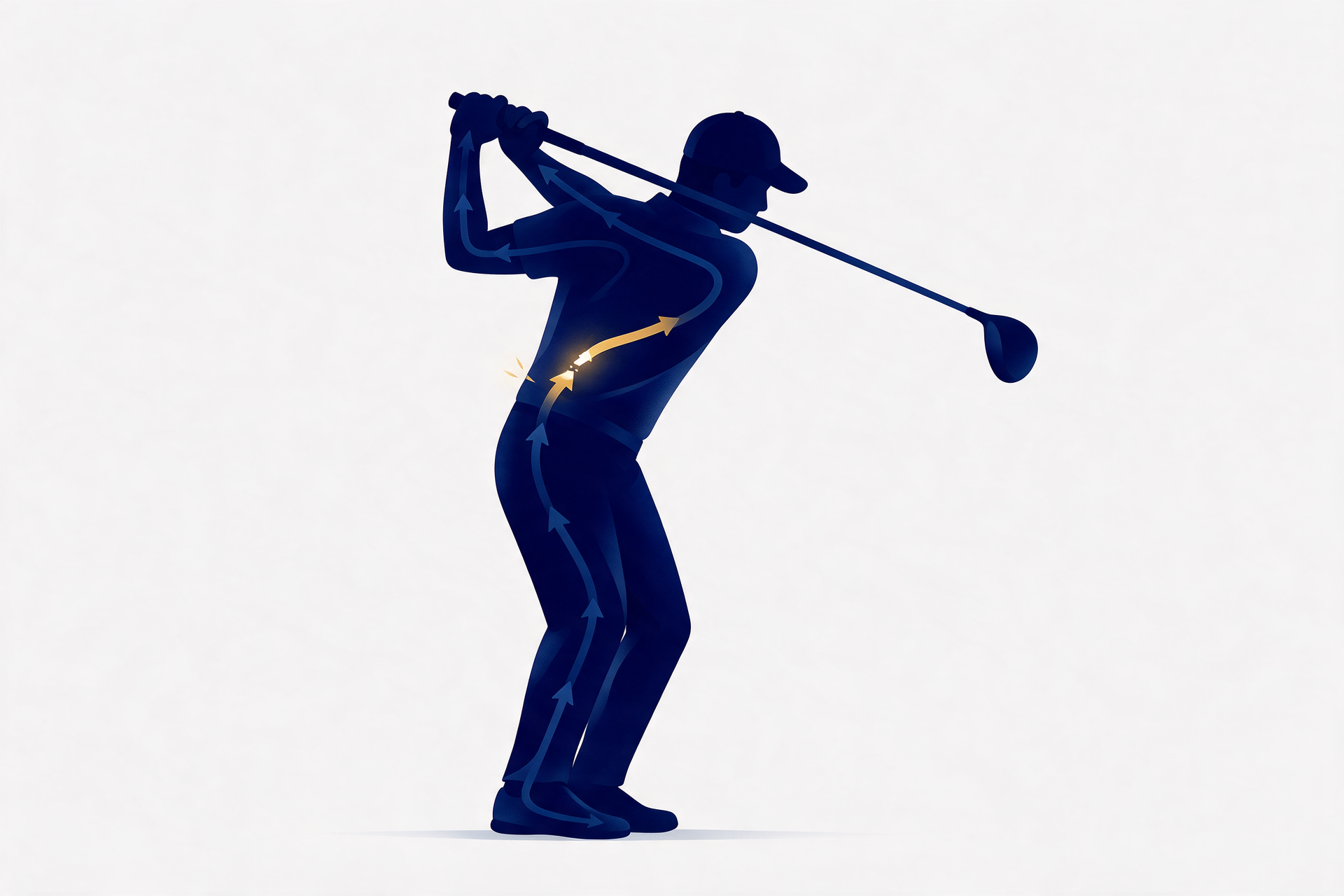 Illustration of the golf swing kinetic chain with force flowing from the feet up through the hips, trunk, and arms, and one overloaded link highlighted in gold.