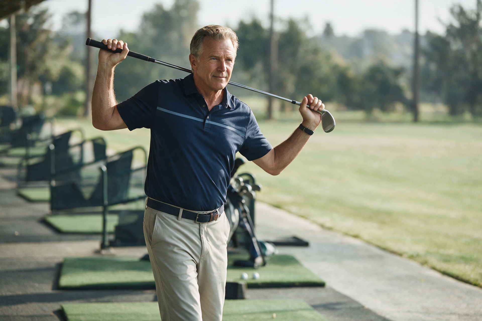 A golfer warms up with a controlled trunk rotation, club held across the shoulders, at a quiet driving range.