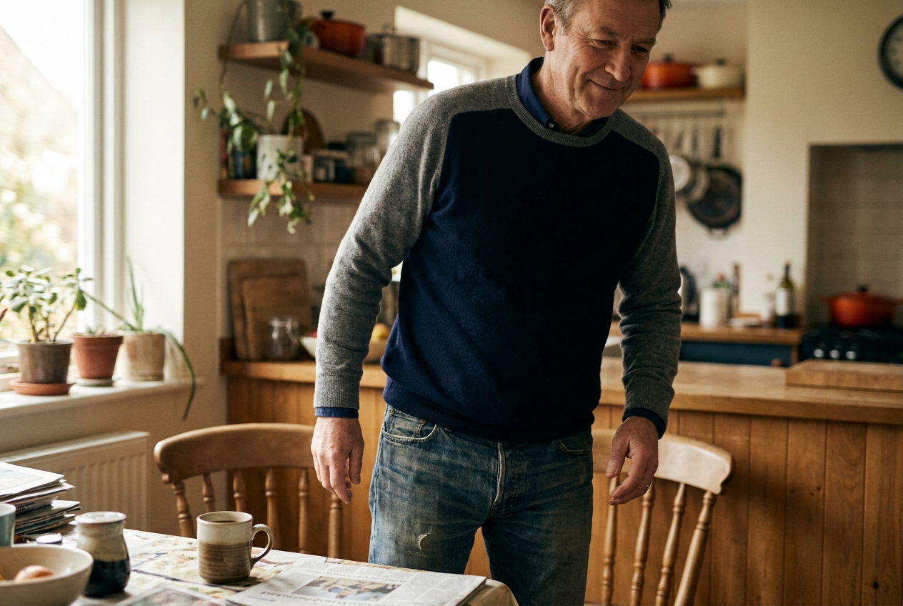 A mature adult rises easily from a kitchen chair in morning light, checking how the knee responds the day after training.
