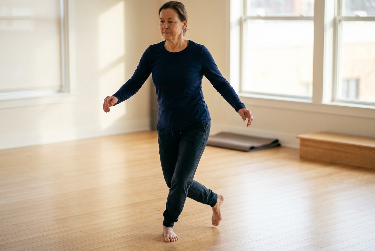 A mature adult lands softly on one leg during a controlled deceleration drill.