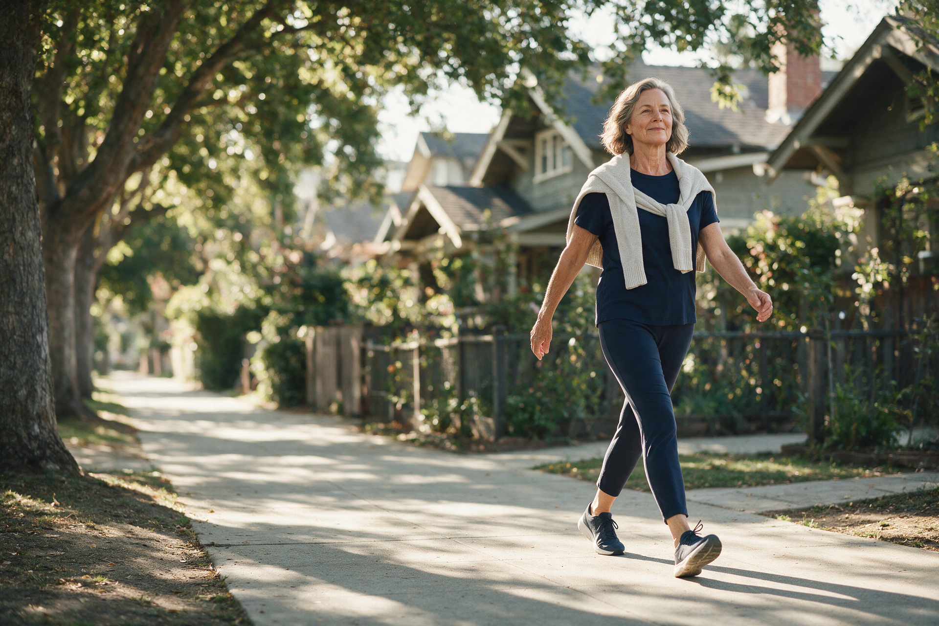 A senior woman walks a tree lined neighborhood sidewalk at an easy morning pace.