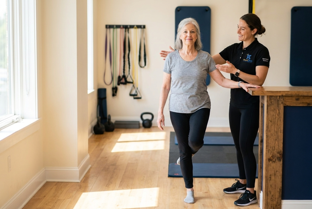A Royal Blue Fitness trainer spots a senior client balancing on one leg beside a sturdy support.