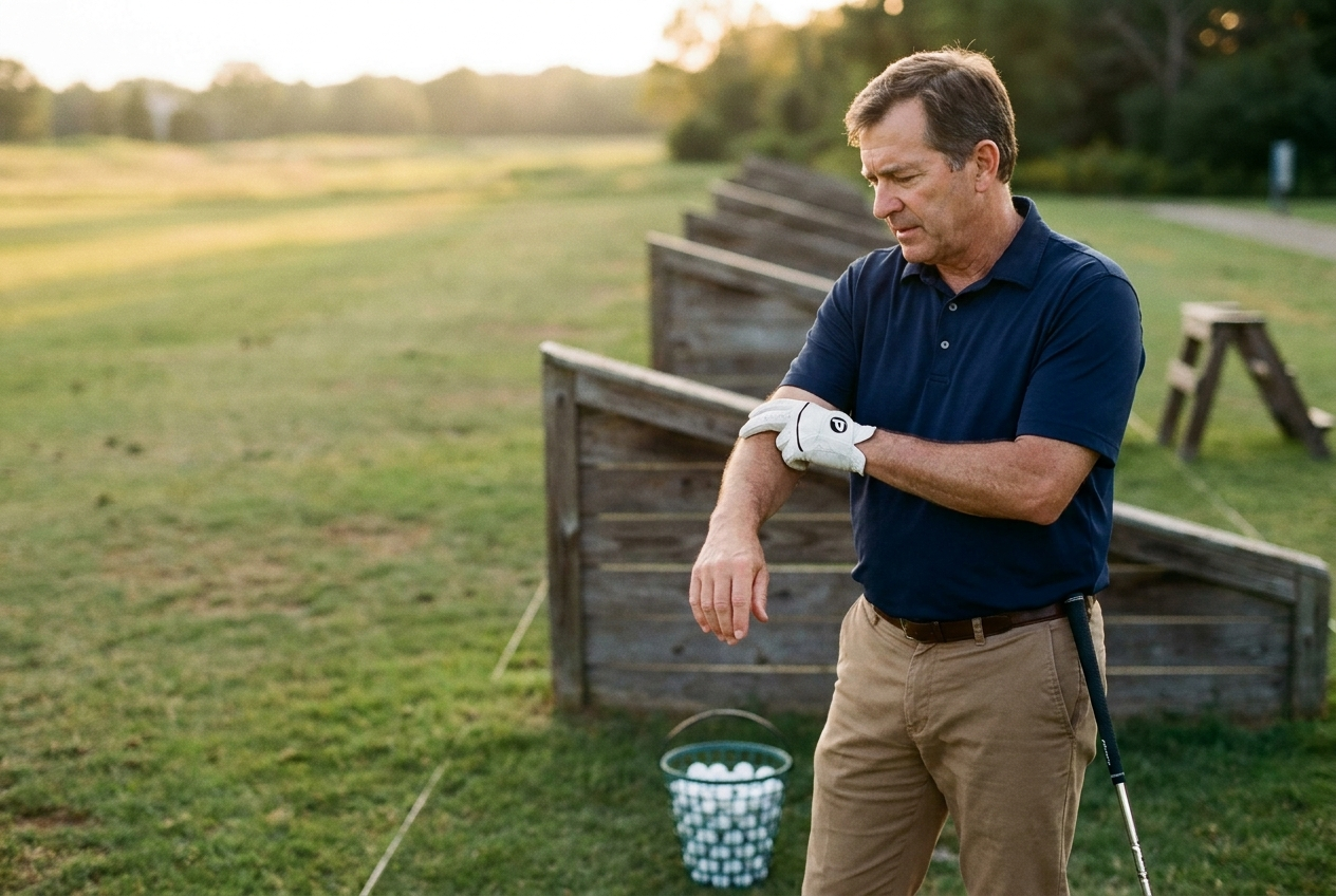 Mature golfer pauses at quiet driving range, one hand checking his inner forearm near the elbow.