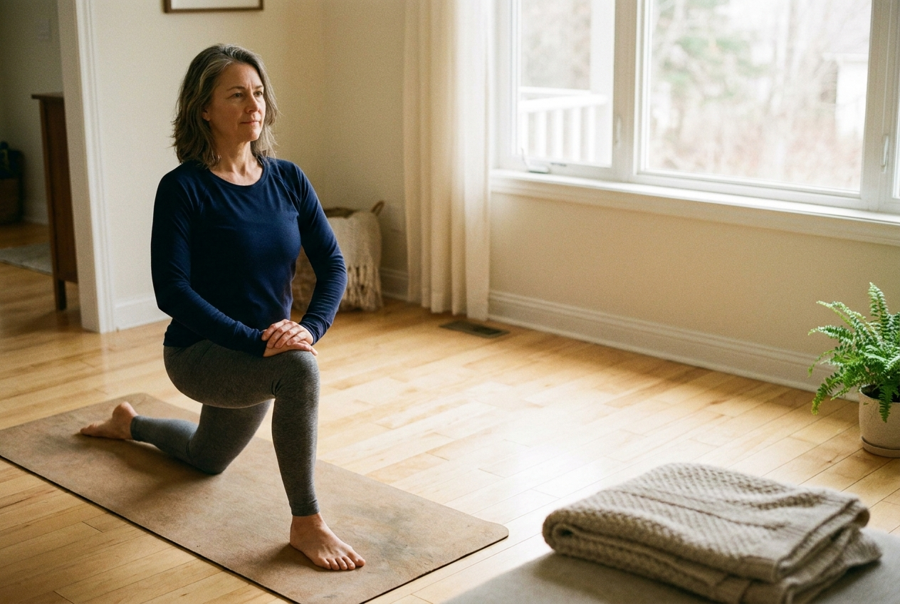 A mature woman holds a controlled half kneeling hip stretch on a mat in soft morning light at home.