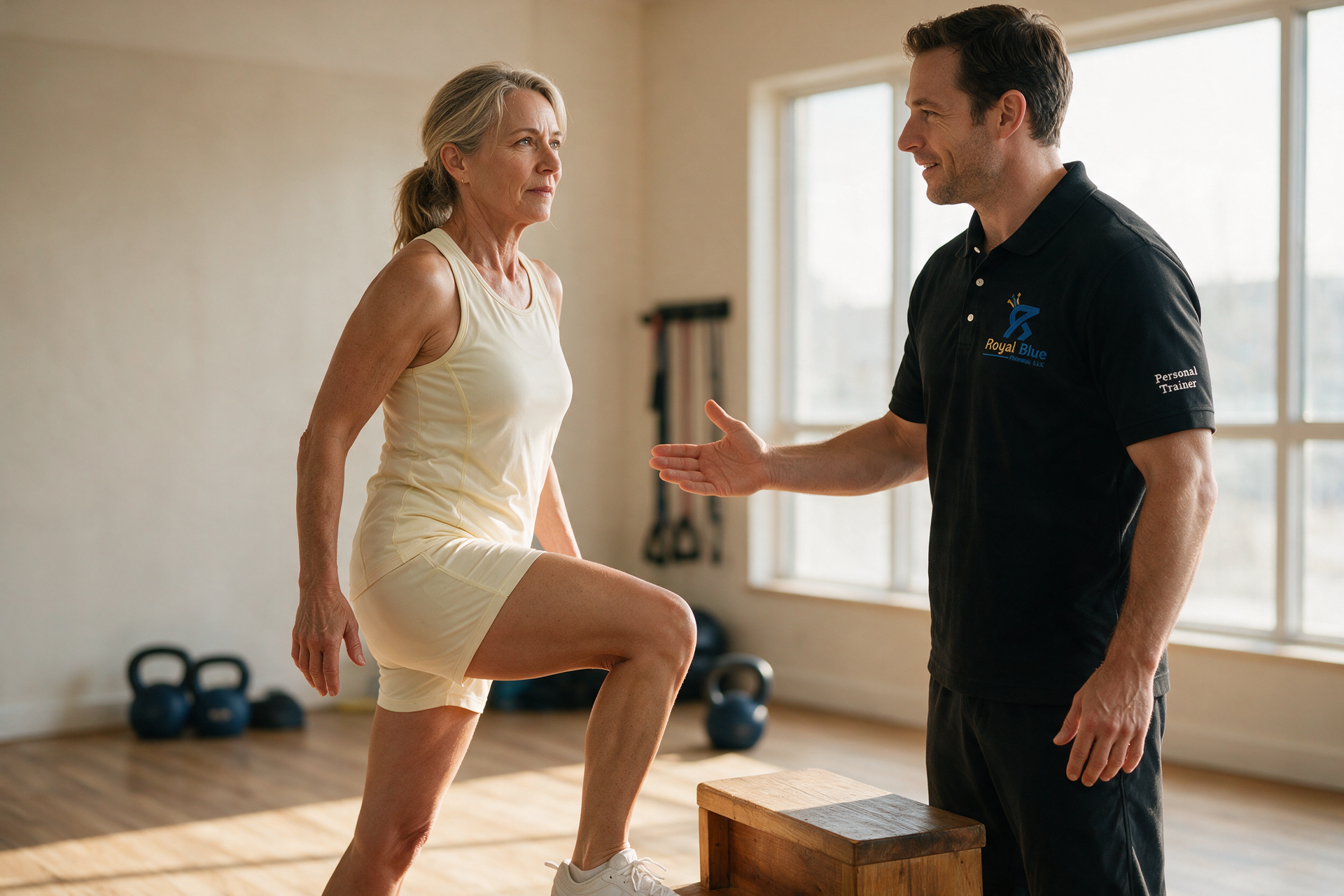 A Royal Blue Fitness trainer encourages a client driving up onto a low wooden step in the studio.