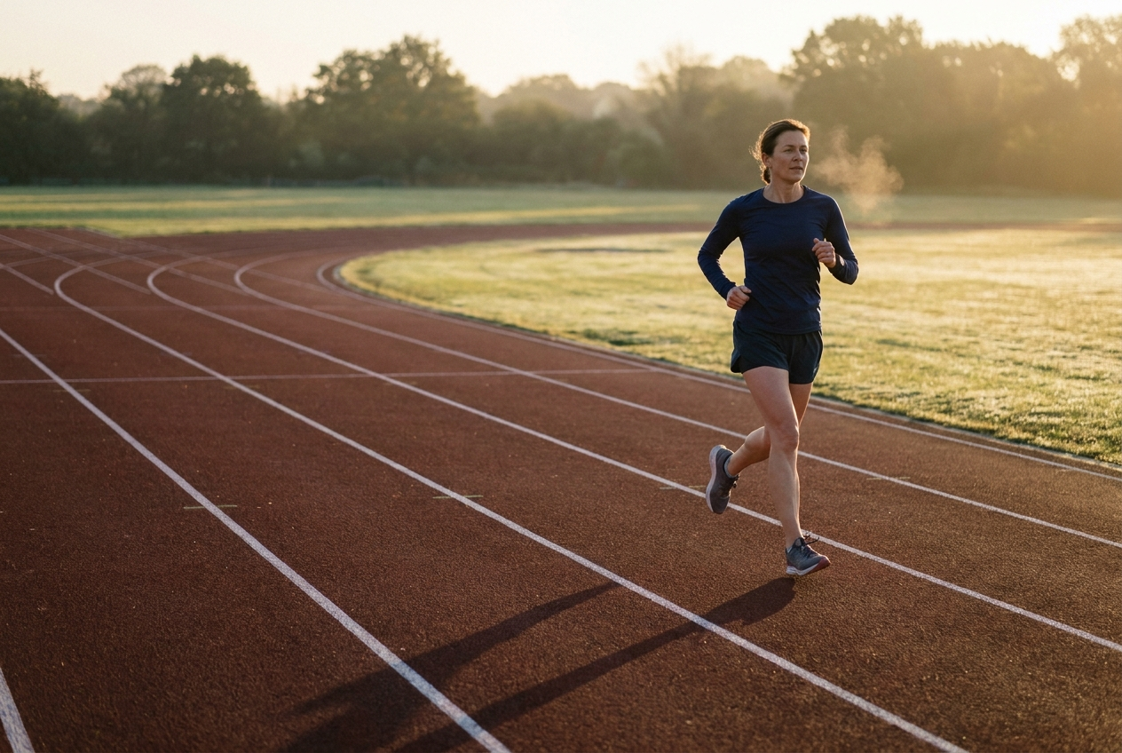 Mature runner strides alone down an empty track straightaway at sunrise, long across the lanes