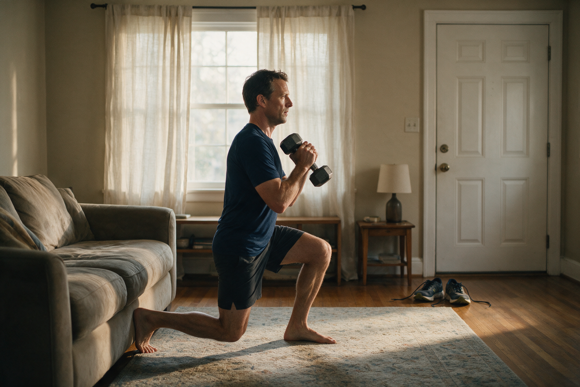 A runner performs a controlled split squat in his living room, running shoes waiting by the front door.