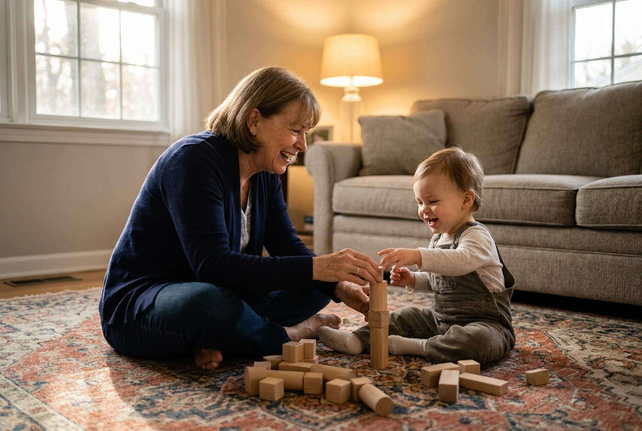 Grandmother sits comfortably on rug playing wooden blocks with her toddler grandchild in warm light.