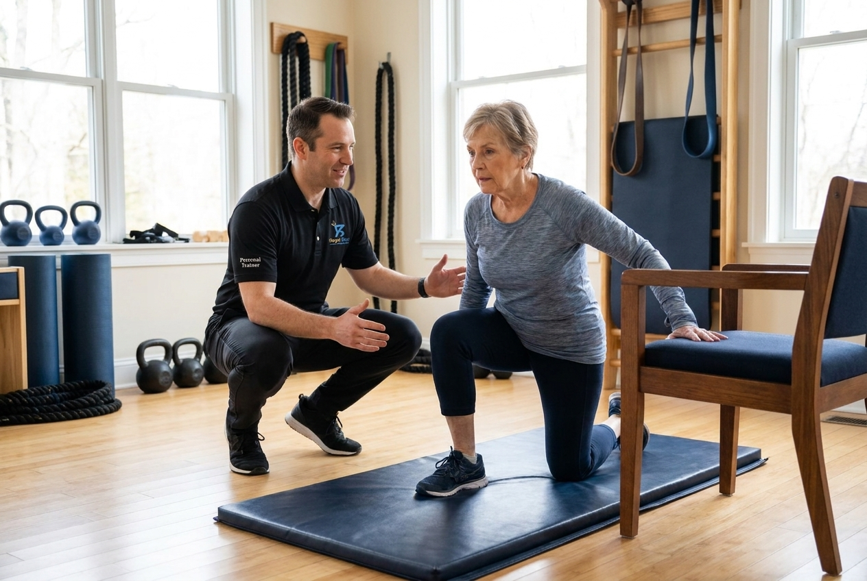A Royal Blue Fitness trainer spots a senior client rising from a half kneel, one fingertip on a sturdy chair.