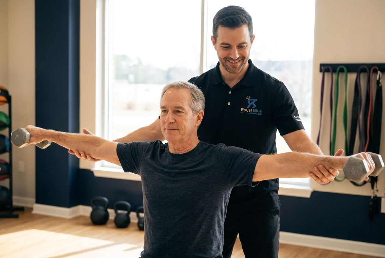 A Royal Blue Fitness trainer stands behind a client gently guiding his wrists as he raises light dumbbells out to a T position.