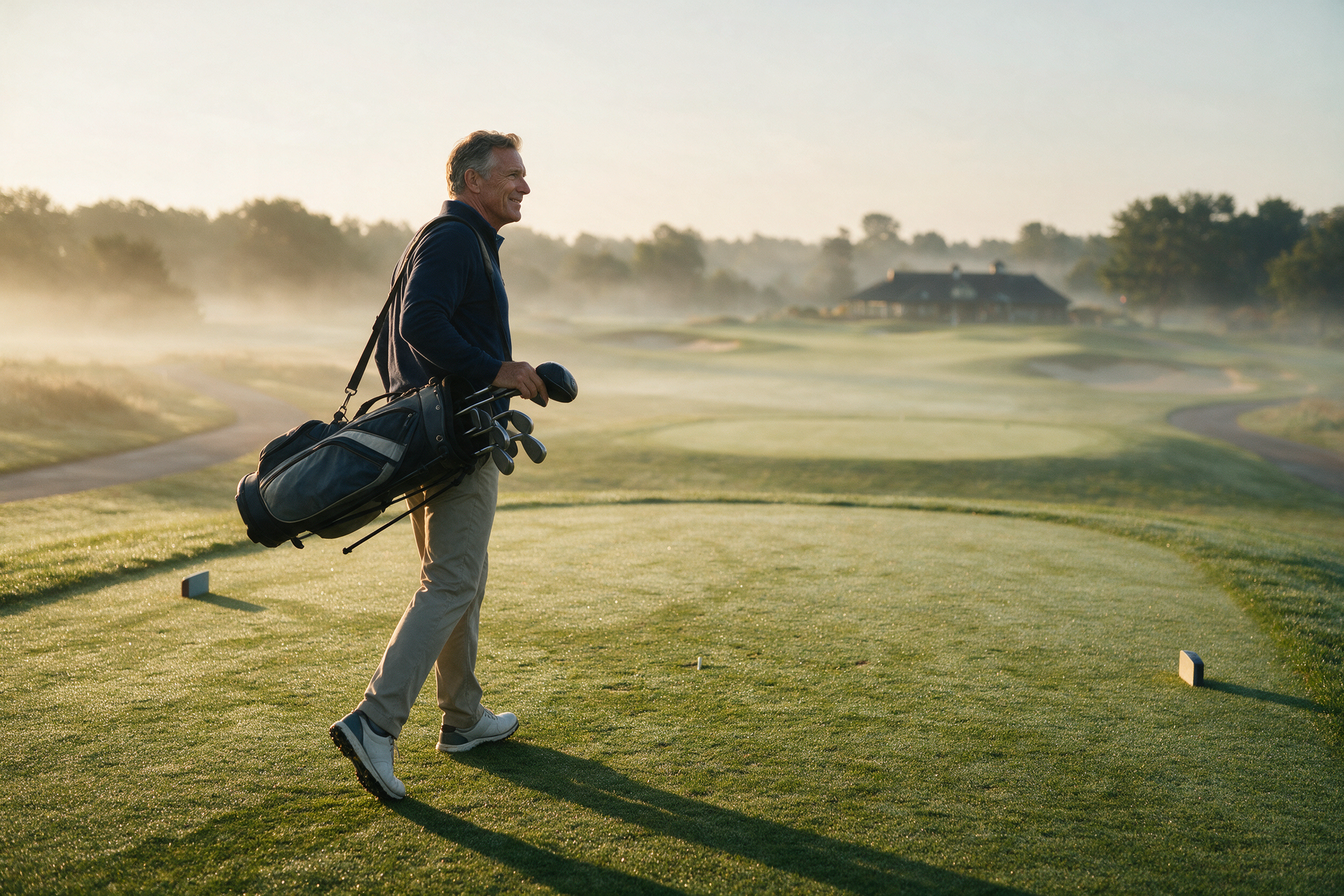 A mature golfer walks onto the first tee at dawn, bag over his shoulder, taking in the empty course.