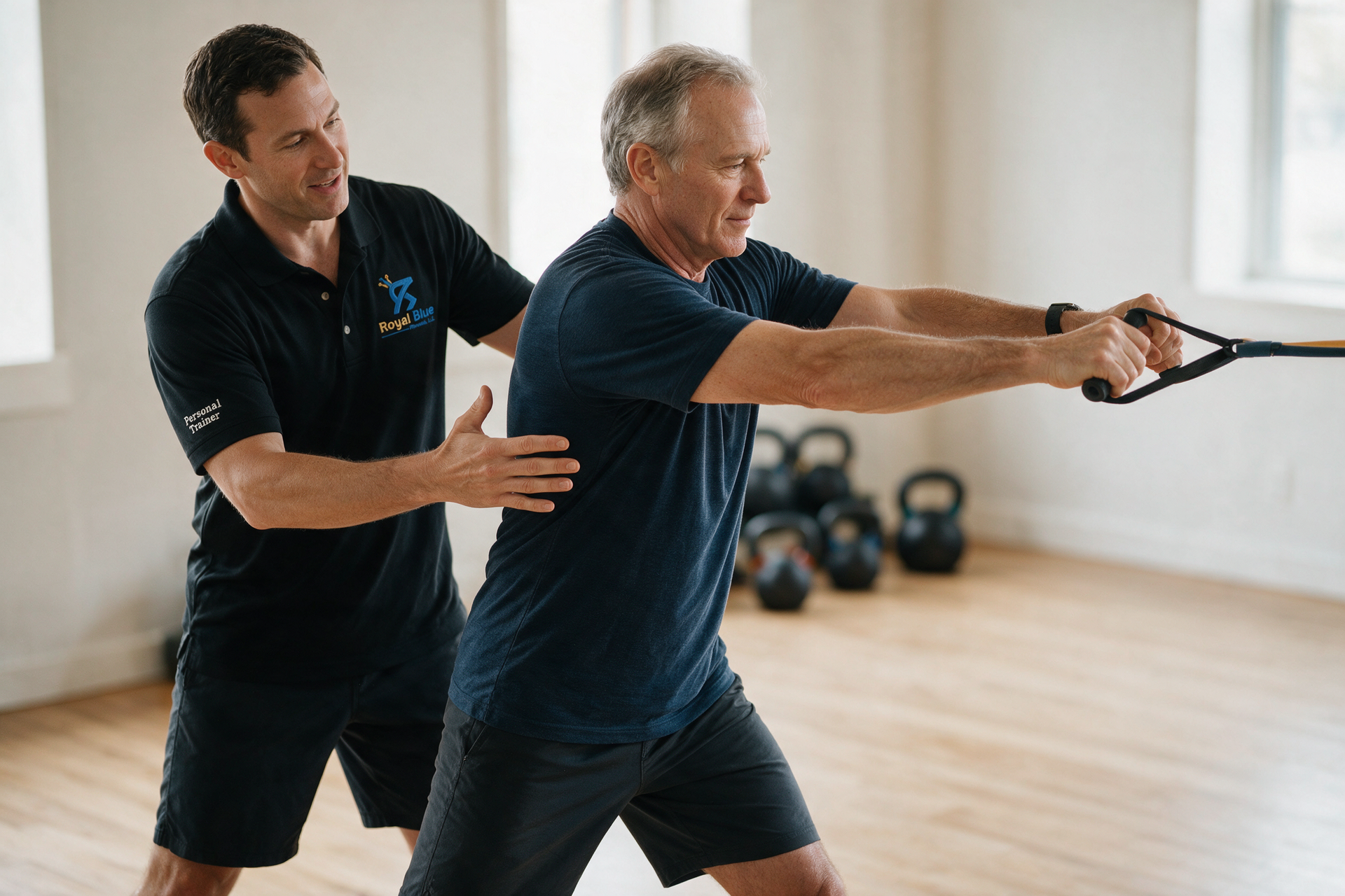 A Royal Blue Fitness trainer coaches a client through a controlled band rotation drill in the studio.