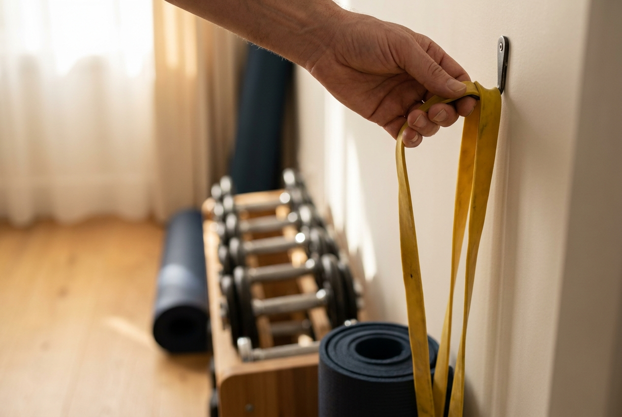 A hand hangs a well used resistance band on a wall hook while a row of dumbbells waits on the rack