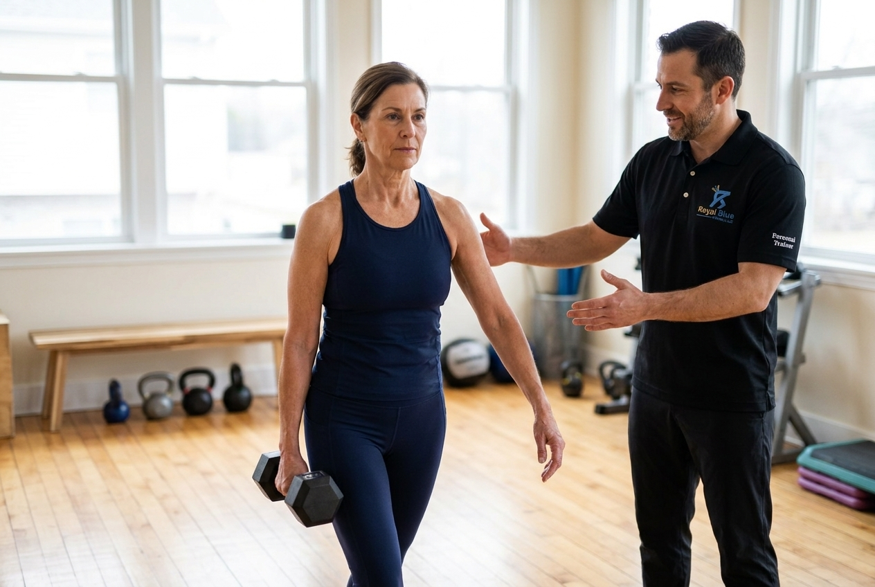 A Royal Blue Fitness trainer walks beside a client performing a steady suitcase carry with one dumbbell.