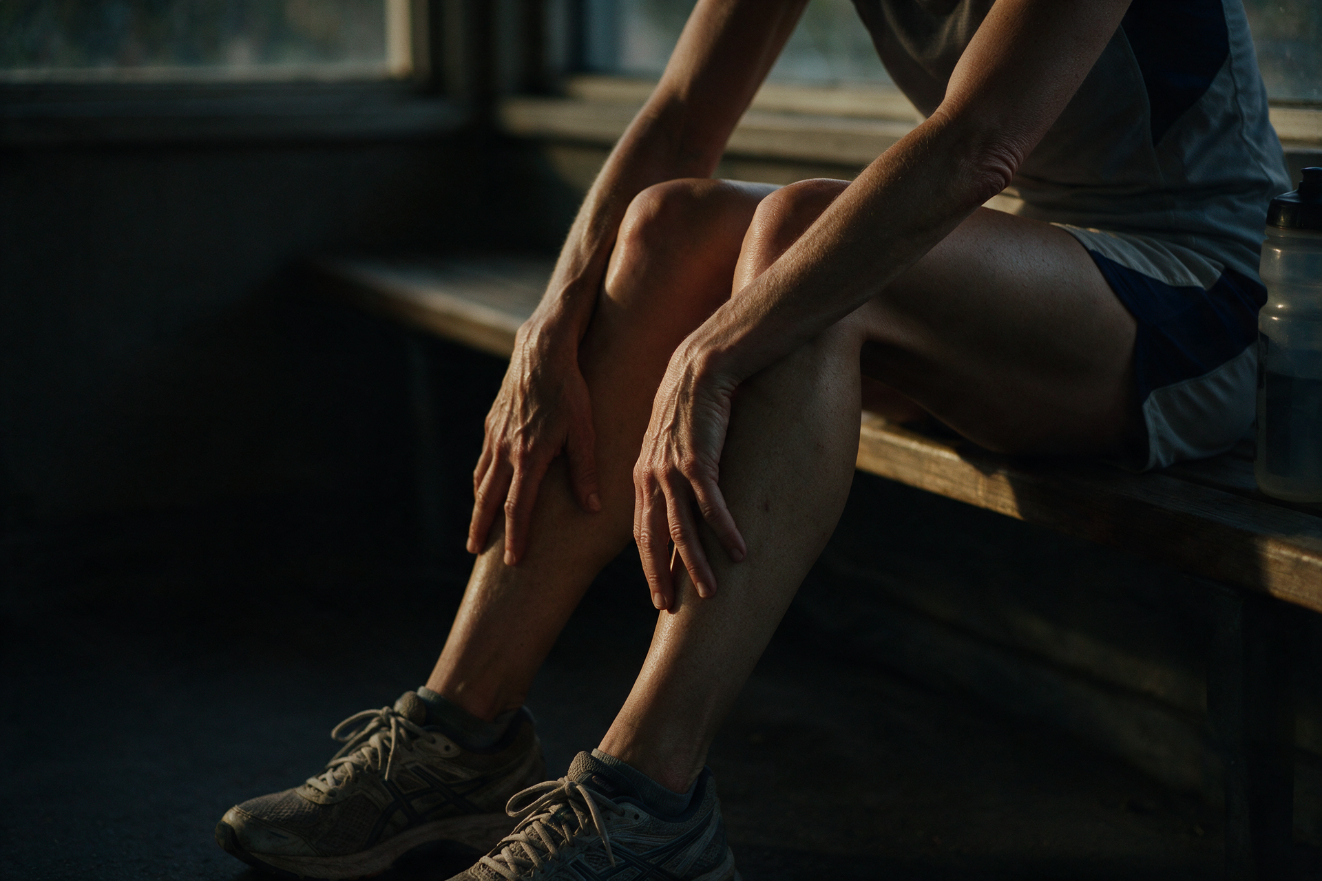A runner sits on a bench after a hard session, hands resting on her shins in raking evening light.
