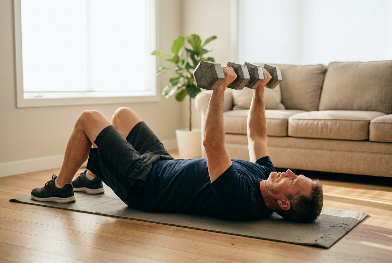 Mature man performs a controlled dumbbell floor press on a mat at home, wrists stacked over elbows