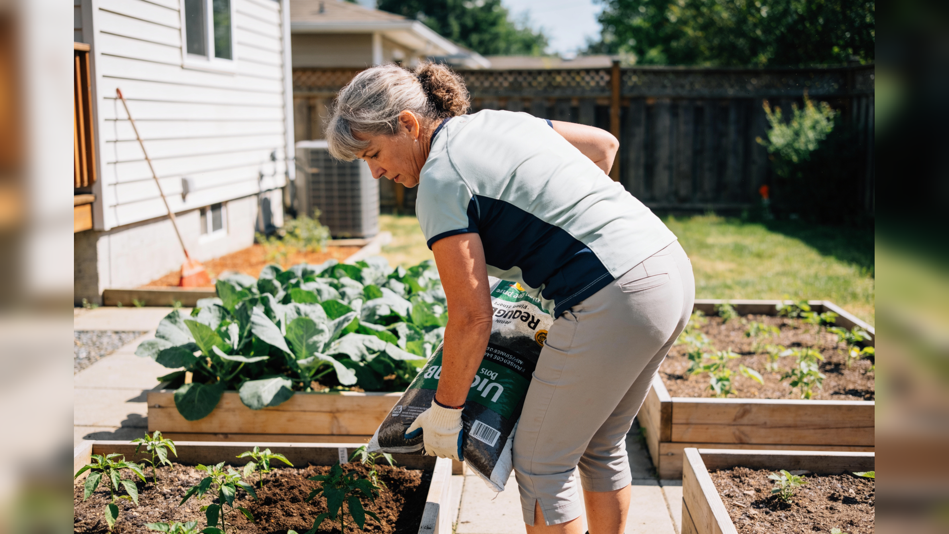 A woman in her fifties hip-hinges to lift a bag of soil in her garden, back flat.