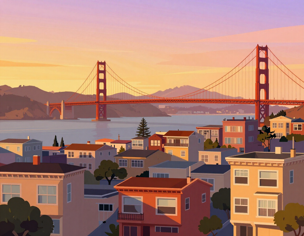 Bay Area cityscape illustration showing residential houses and Golden Gate Bridge