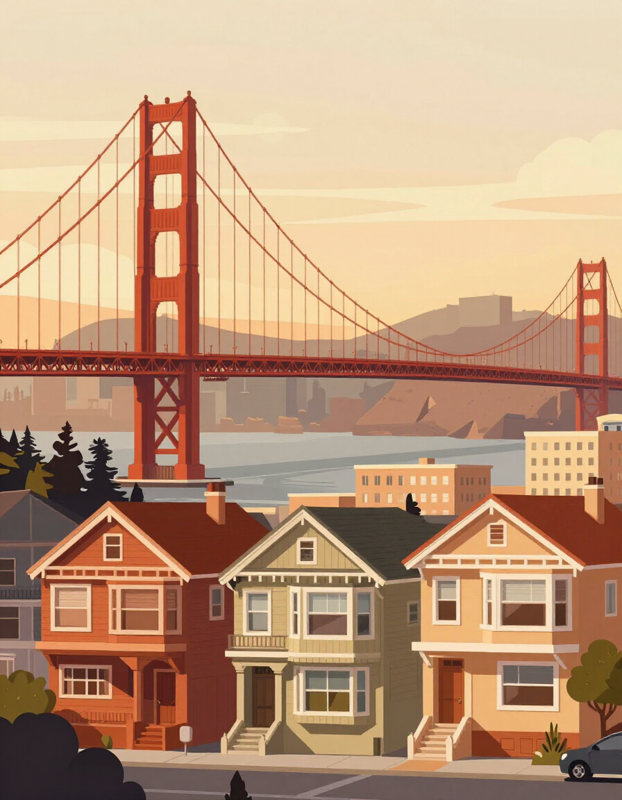 Bay Area illustrated cityscape with houses and Golden Gate Bridge